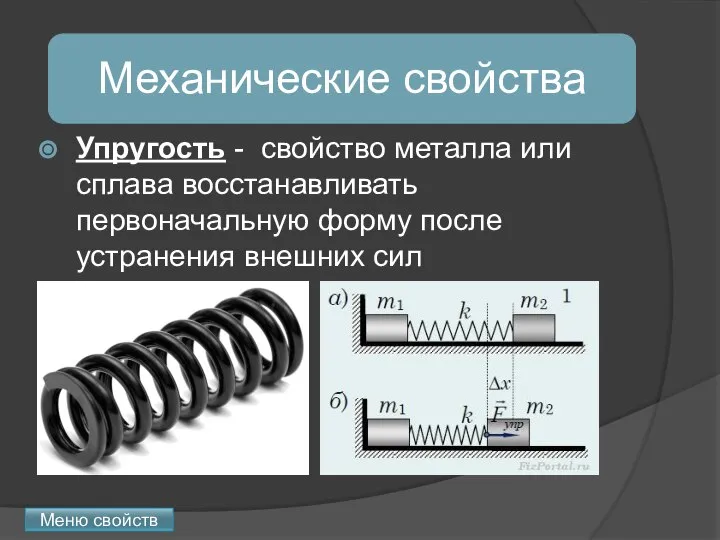 Упругость - свойство металла или сплава восстанавливать первоначальную форму после устранения внешних сил Меню свойств