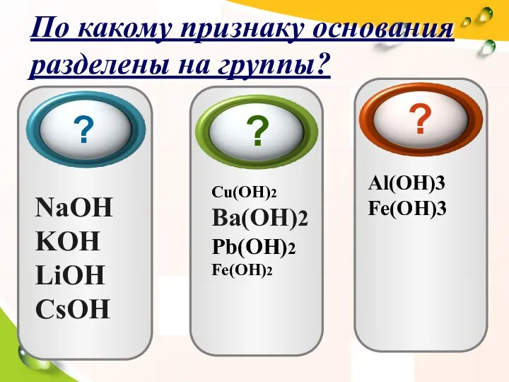 По какому признаку основания разделены на группы? NaOH KOH LiOH СsOH