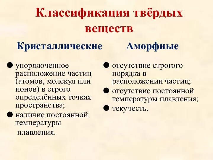 Классификация твёрдых веществ Кристаллические упорядоченное расположение частиц (атомов, молекул или ионов)