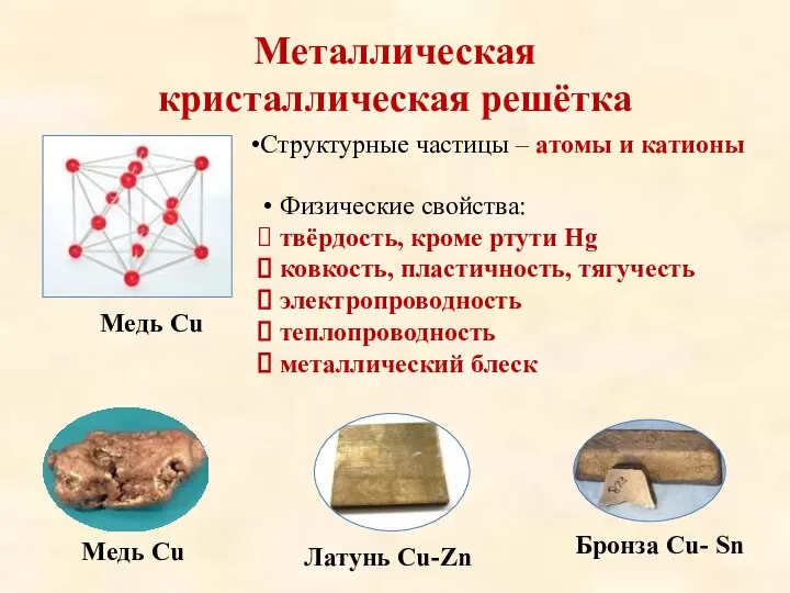 Металлическая кристаллическая решётка Медь Cu Структурные частицы – атомы и катионы