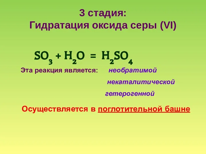 3 стадия: Гидратация оксида серы (VI) SO3 + H2O = H2SO4