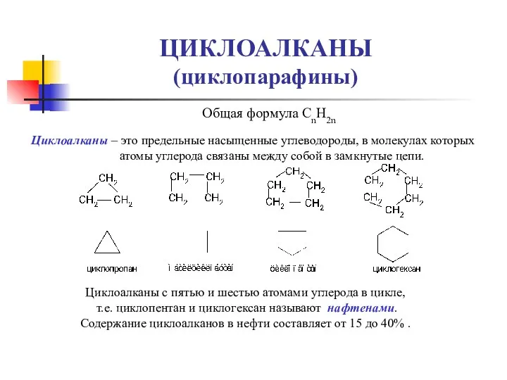 ЦИКЛОАЛКАНЫ (циклопарафины) Общая формула СnH2n Циклоалканы – это предельные насыщенные углеводороды,