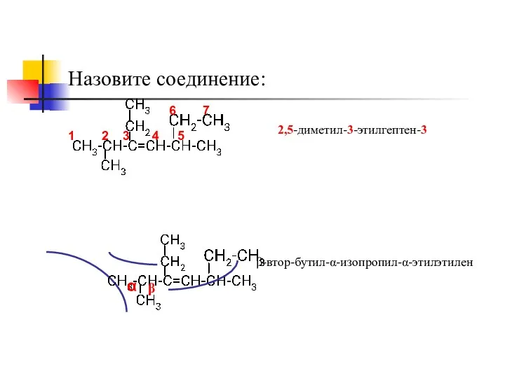 Назовите соединение: 1 2 3 4 5 6 7 2,5-диметил-3-этилгептен-3 β-втор-бутил-α-изопропил-α-этилэтилен α β