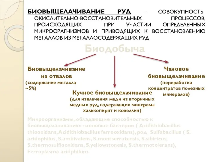 БИОВЫЩЕЛАЧИВАНИЕ РУД – СОВОКУПНОСТЬ ОКИСЛИТЕЛЬНО-ВОССТАНОВИТЕЛЬНЫХ ПРОЦЕССОВ, ПРОИСХОДЯЩИХ ПРИ УЧАСТИИ ОПРЕДЕЛЕННЫХ МИКРООРАГНИЗМОВ