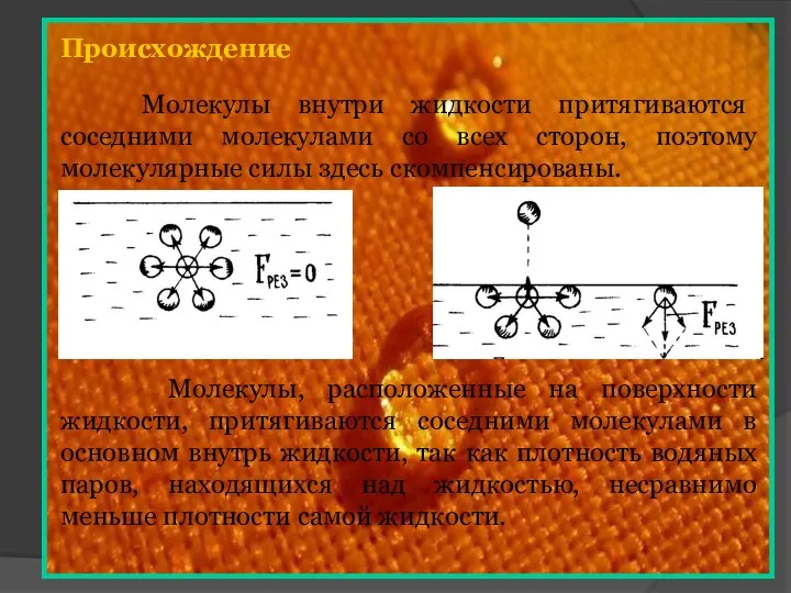 Происхождение Молекулы внутри жидкости притягиваются соседними молекулами со всех сторон, поэтому