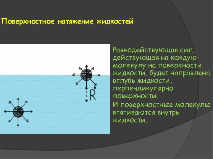 Поверхностное натяжение жидкостей Равнодействующая сил, действующая на каждую молекулу на поверхности