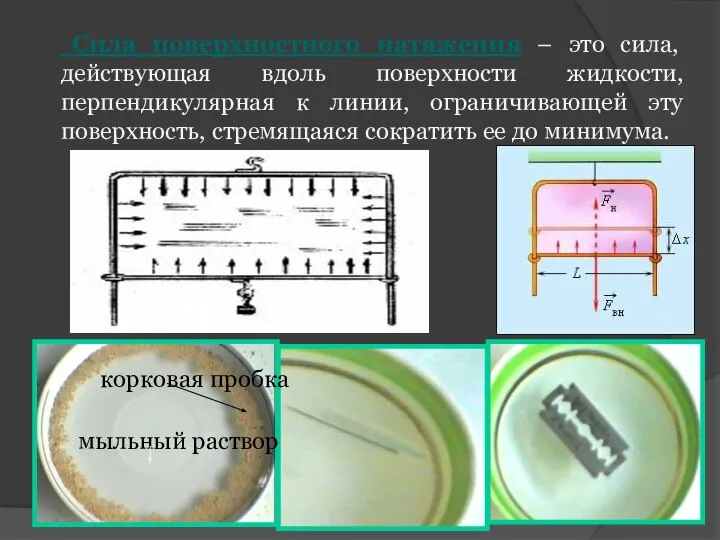 мыльный раствор корковая пробка Сила поверхностного натяжения – это сила, действующая