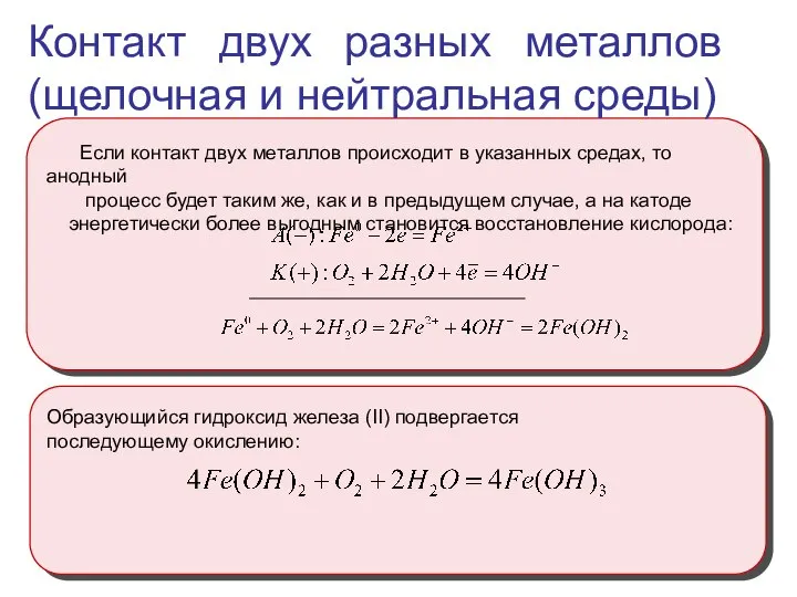 Образующийся гидроксид железа (II) подвергается последующему окислению: Контакт двух разных металлов (щелочная и нейтральная среды)