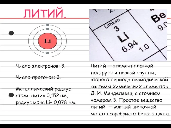 Литий — элемент главной подгруппы первой группы, второго периода периодической системы