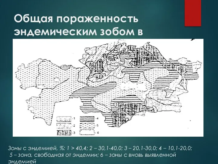 Общая пораженность эндемическим зобом в Казахстане. Зоны с эндемией, %: 1