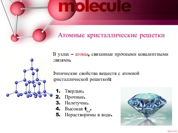 Атомные кристаллические решетки В узлах – атомы, связанные прочными ковалентными связями.
