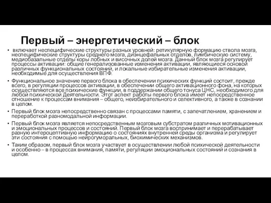 Первый – энергетический – блок включает неспецифические структуры разных уровней: ретикулярную