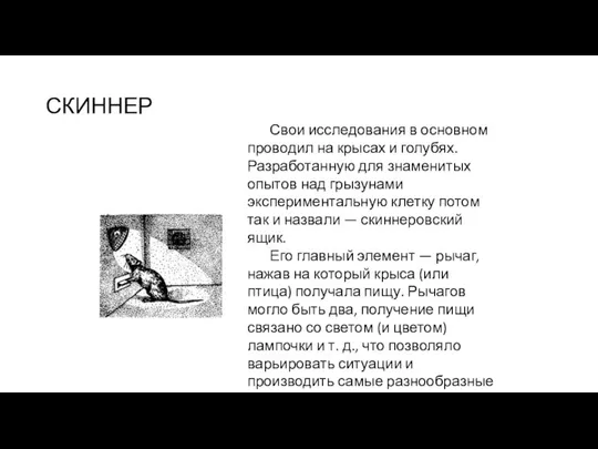 СКИННЕР Свои исследования в основном проводил на крысах и голубях. Разработанную