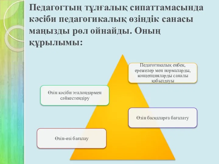 Педагогтың тұлғалық сипаттамасында кәсіби педагогикалық өзіндік санасы маңызды рөл ойнайды. Оның құрылымы: