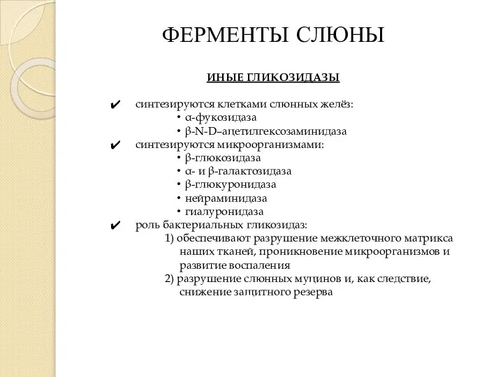 ФЕРМЕНТЫ СЛЮНЫ ИНЫЕ ГЛИКОЗИДАЗЫ синтезируются клетками слюнных желёз: α-фукозидаза β-N-D–ацетилгексозаминидаза синтезируются