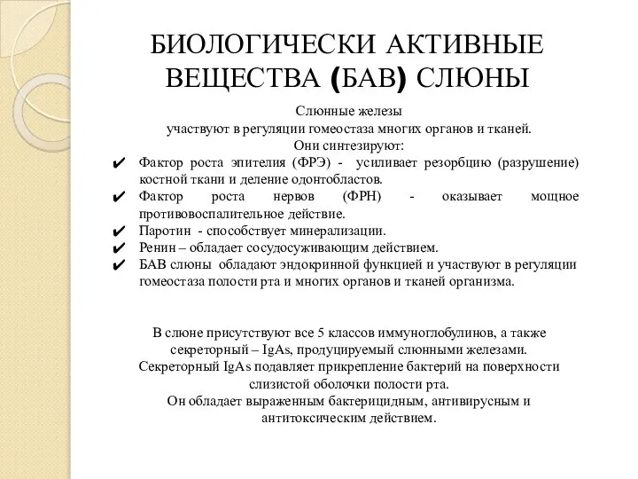 БИОЛОГИЧЕСКИ АКТИВНЫЕ ВЕЩЕСТВА (БАВ) СЛЮНЫ Слюнные железы участвуют в регуляции гомеостаза