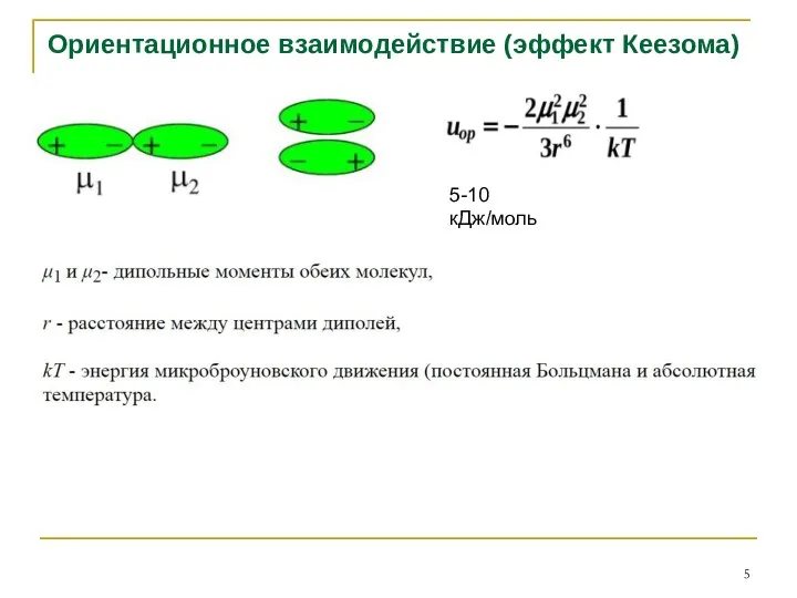 Ориентационное взаимодействие (эффект Кеезома) 5-10 кДж/моль