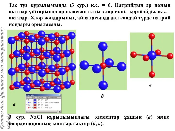 Тас тұз құрылымында (3 сур.) к.с. = 6. Натрийдың әр ионын