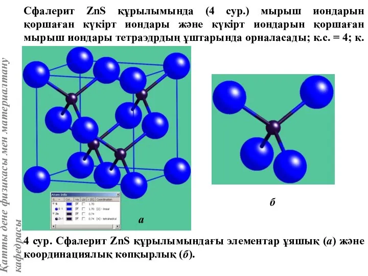 Сфалерит ZnS құрылымында (4 сур.) мырыш иондарын қоршаған күкірт иондары және