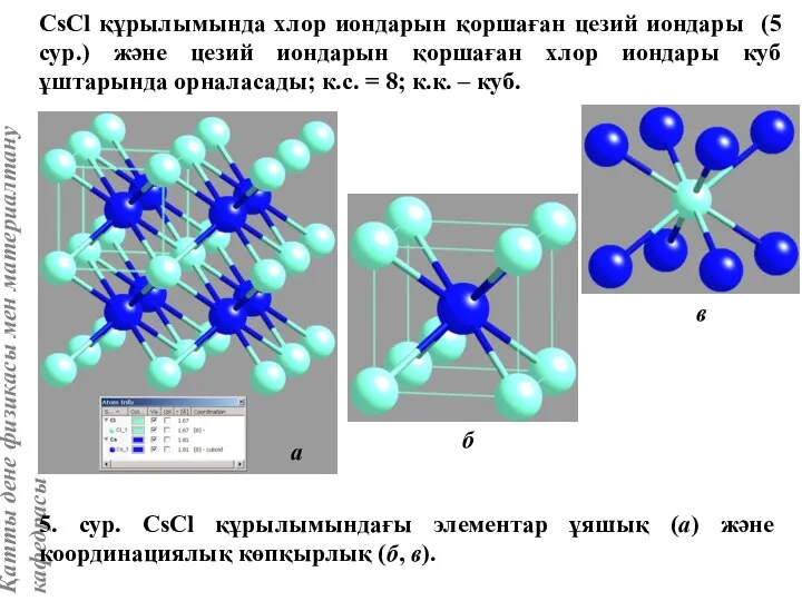 CsCl құрылымында хлор иондарын қоршаған цезий иондары (5 сур.) және цезий