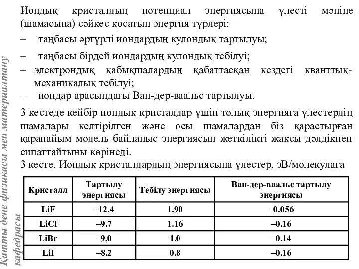 Иондық кристалдың потенциал энергиясына үлесті мәніне (шамасына) сәйкес қосатын энергия түрлері: