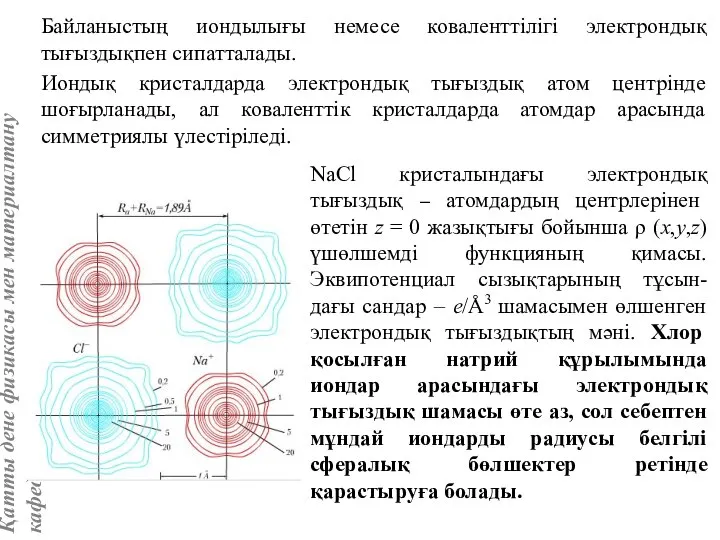 Байланыстың иондылығы немесе коваленттілігі электрондық тығыздықпен сипатталады. Иондық кристалдарда электрондық тығыздық