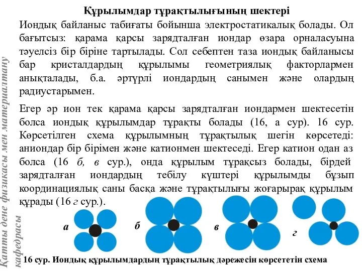 Құрылымдар тұрақтылығының шектері Иондық байланыс табиғаты бойынша электростатикалық болады. Ол бағытсыз: