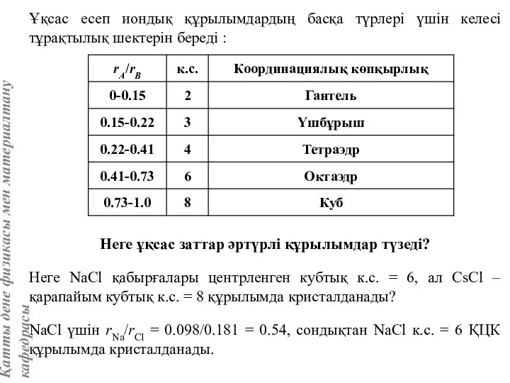 Ұқсас есеп иондық құрылымдардың басқа түрлері үшін келесі тұрақтылық шектерін береді