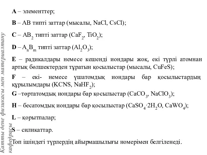 А – элементтер; В – АВ типті заттар (мысалы, NaCl, CsCl);