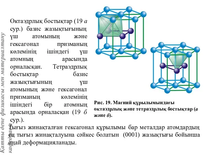 Октаэдрлық бостықтар (19 a сур.) базис жазықтығының үш атомының және гексагонал