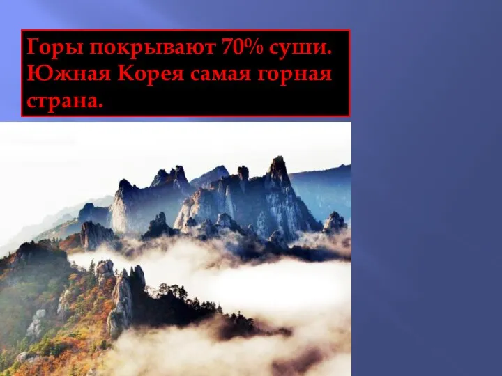 Горы покрывают 70% суши. Южная Корея самая горная страна.