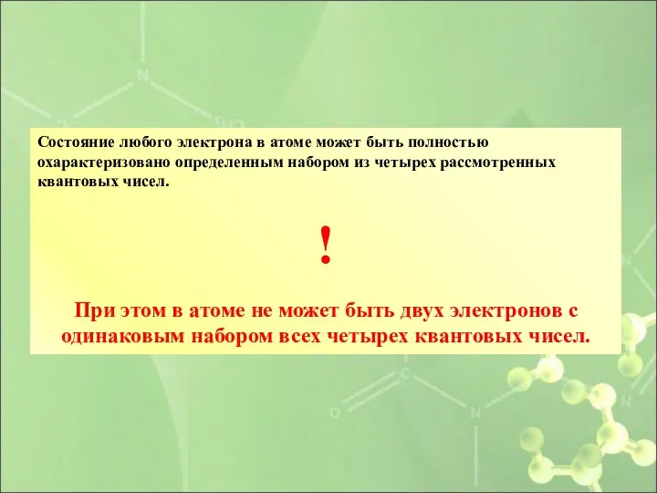 Состояние любого электрона в атоме может быть полностью охарактеризовано определенным набором