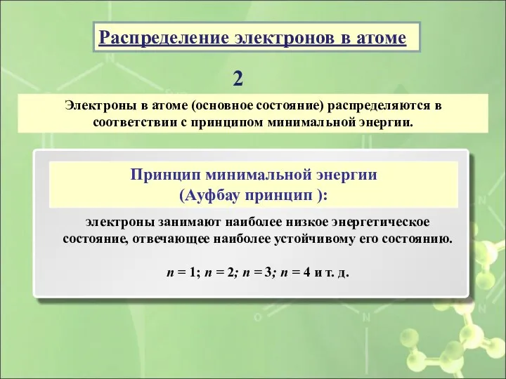 Электроны в атоме (основное состояние) распределяются в соответствии с принципом минимальной