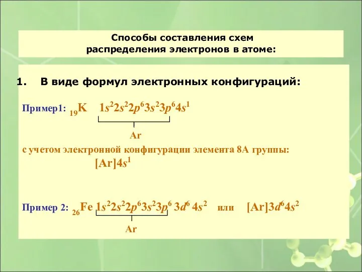 Способы составления схем распределения электронов в атоме: В виде формул электронных