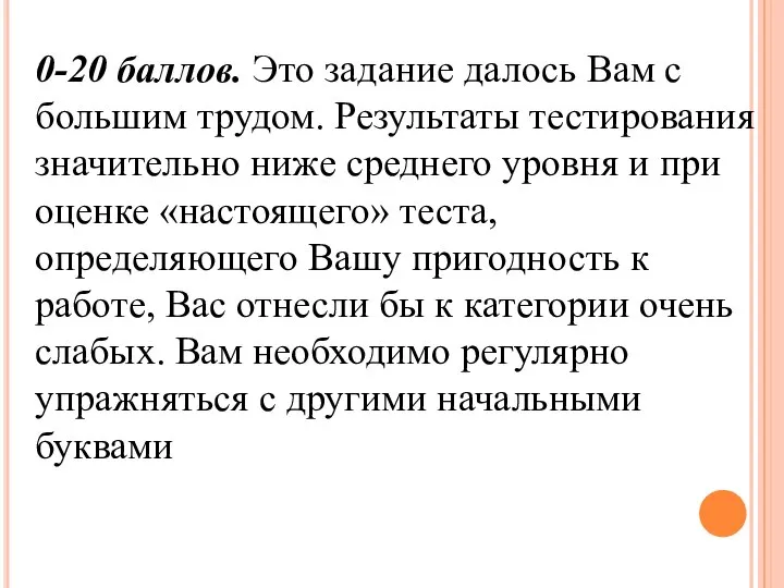 0-20 баллов. Это задание далось Вам с большим трудом. Результаты тестирования