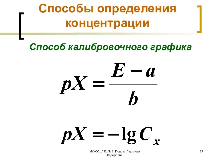 МККОС. Л.К. № 9. Попова Людмила Федоровна Способы определения концентрации Способ калибровочного графика