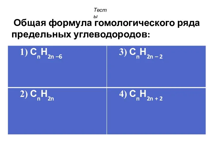 Общая формула гомологического ряда предельных углеводородов: Тесты