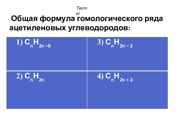 Общая формула гомологического ряда ацетиленовых углеводородов: Тесты