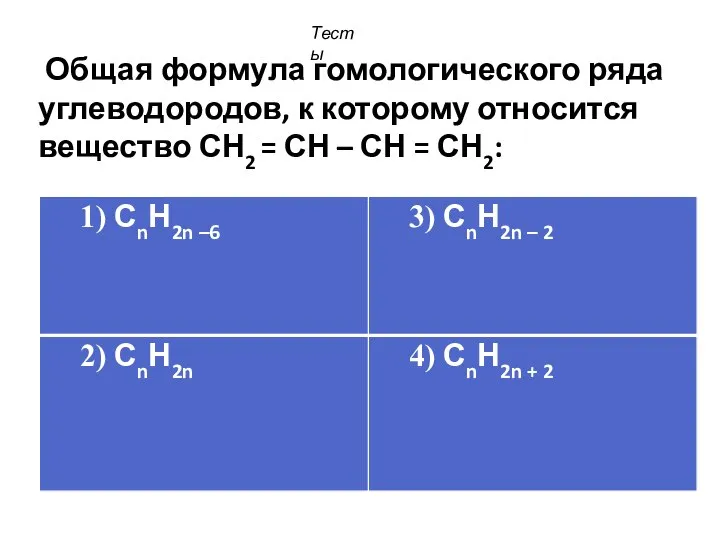 Общая формула гомологического ряда углеводородов, к которому относится вещество СН2 =