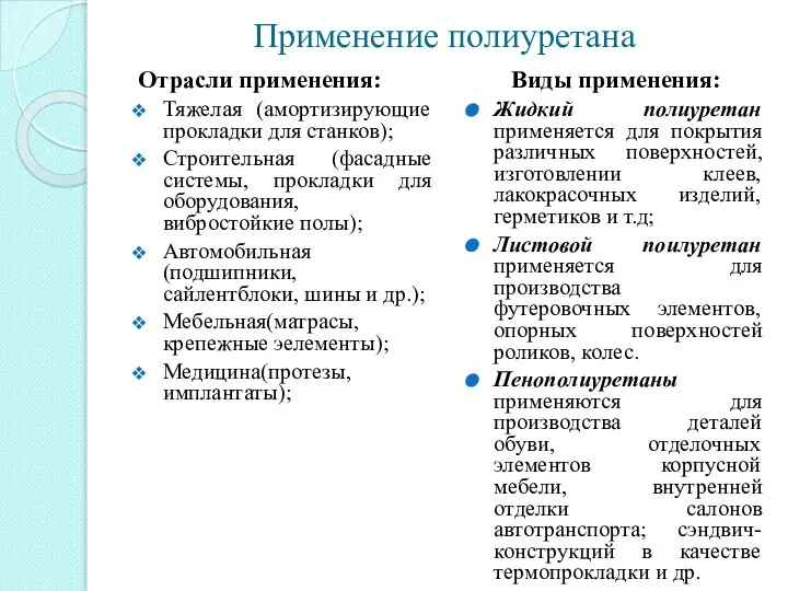 Применение полиуретана Отрасли применения: Тяжелая (амортизирующие прокладки для станков); Строительная (фасадные