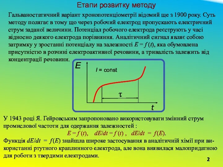 Етапи розвитку методу Гальваностатичний варіант хронопотенціометрії відомий ще з 1900 року.