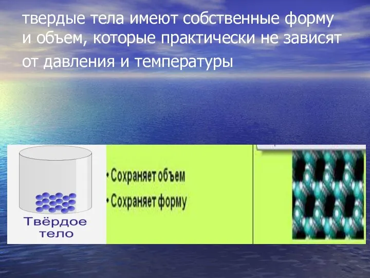 твердые тела имеют собственные форму и объем, которые практически не зависят от давления и температуры