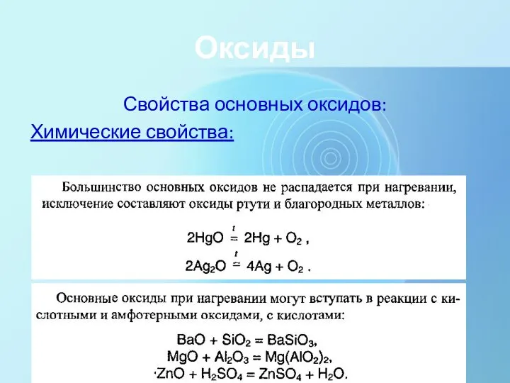 Оксиды Свойства основных оксидов: Химические свойства: