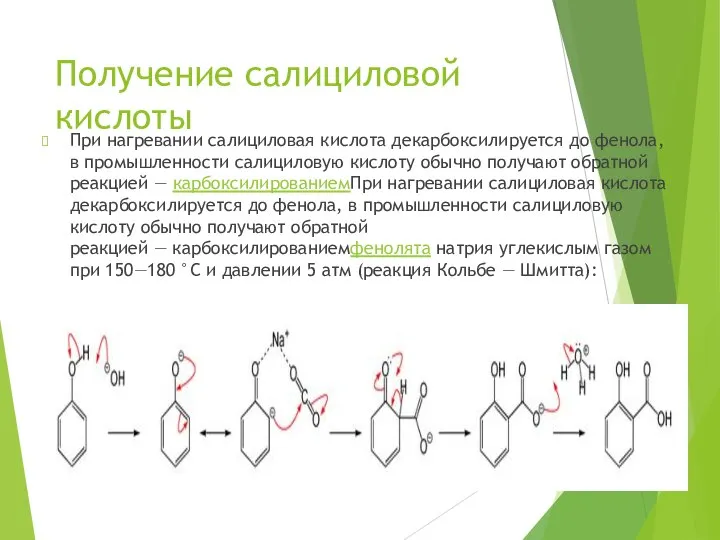 Получение салициловой кислоты При нагревании салициловая кислота декарбоксилируется до фенола, в