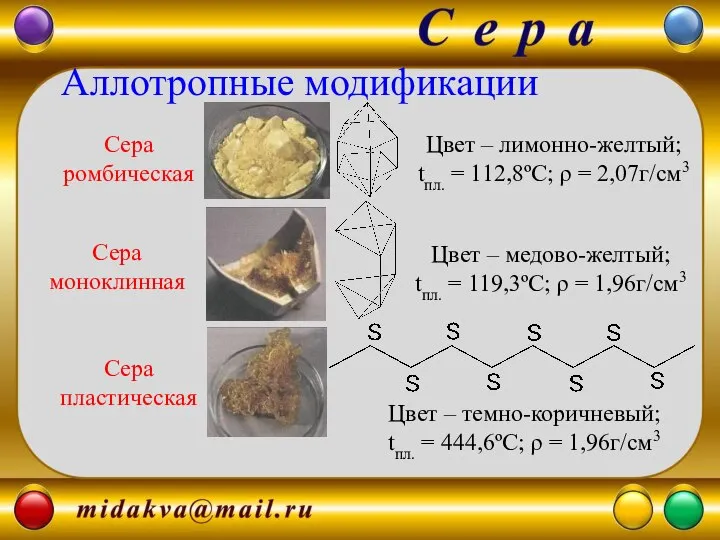 Сера ромбическая Сера пластическая Сера моноклинная Цвет – лимонно-желтый; tпл. =