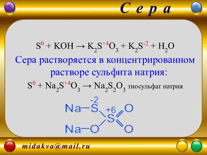 S0 + KOH → K2S+4O3 + K2S-2 + H2O Сера растворяется