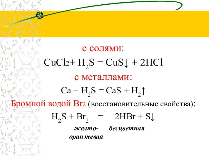 с солями: CuCl2+ H2S = CuS↓ + 2HCl с металлами: Ca