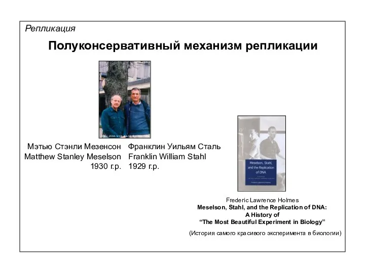 Полуконсервативный механизм репликации Репликация Мэтью Стэнли Мезенсон Matthew Stanley Meselson 1930