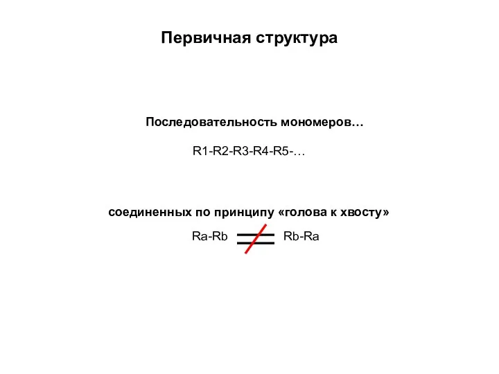 Первичная структура Последовательность мономеров… R1-R2-R3-R4-R5-… Ra-Rb Rb-Ra соединенных по принципу «голова к хвосту»