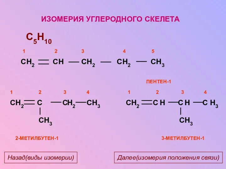 ИЗОМЕРИЯ УГЛЕРОДНОГО СКЕЛЕТА C5H10 H2 H3 H3 2-МЕТИЛБУТЕН-1 H2 H H